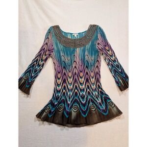 Nicola multicolored blue purple abstract sheer lace quarter sleeve blouse size M